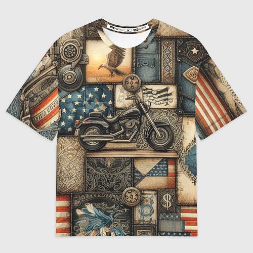 Мужская футболка оверсайз Patchwork with a motorcycle - ai art / 3D-принт – фото 1