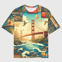 Мужская футболка оверсайз Мост через реку и пэчворк - нейросеть арт USA brid