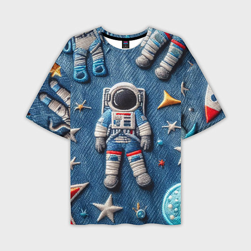 Мужская футболка оверсайз Космонавт - вышивка по джинсе нейросеть / 3D-принт – фото 1