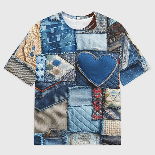 Мужская футболка оверсайз Джинсовый пэчворк - нейросеть / 3D-принт – фото 1