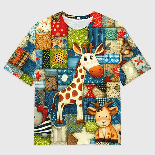 Мужская футболка оверсайз Жираф и компания - пэчворк нейросеть / 3D-принт – фото 1
