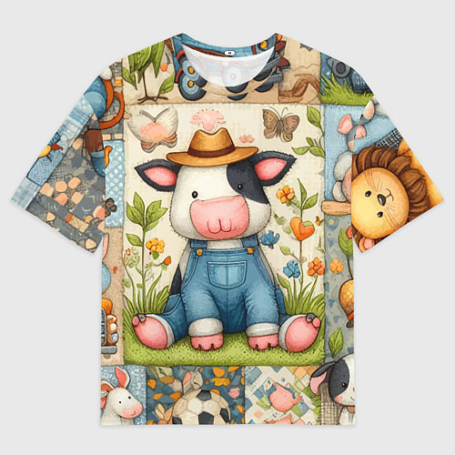 Мужская футболка оверсайз Прикольный телёнок и его друзья - пэчворк / 3D-принт – фото 1