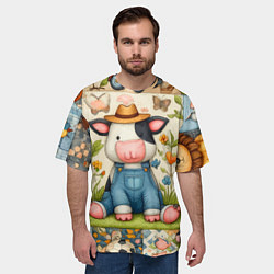 Футболка оверсайз мужская Прикольный телёнок и его друзья - пэчворк, цвет: 3D-принт — фото 2