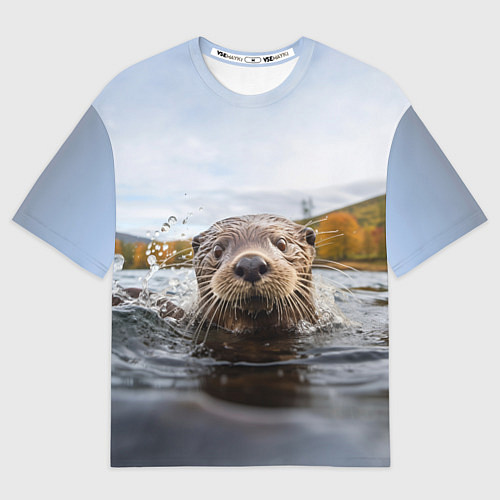 Мужская футболка оверсайз Выдра смотрит из воды / 3D-принт – фото 1