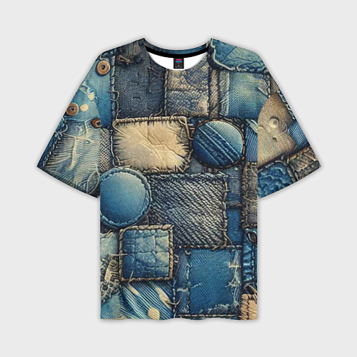 Мужская футболка оверсайз Denim patchwork - ai art / 3D-принт – фото 1