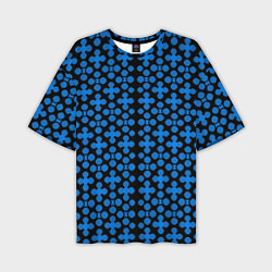 Мужская футболка оверсайз Синие четырёхлистники на чёрном фоне