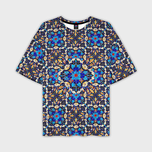 Мужская футболка оверсайз Мозаичный цветочный узор на черном фоне / 3D-принт – фото 1