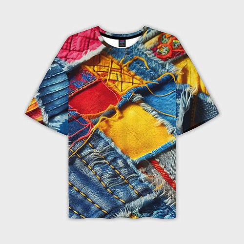 Мужская футболка оверсайз Colorful denim patchwork - ai art / 3D-принт – фото 1