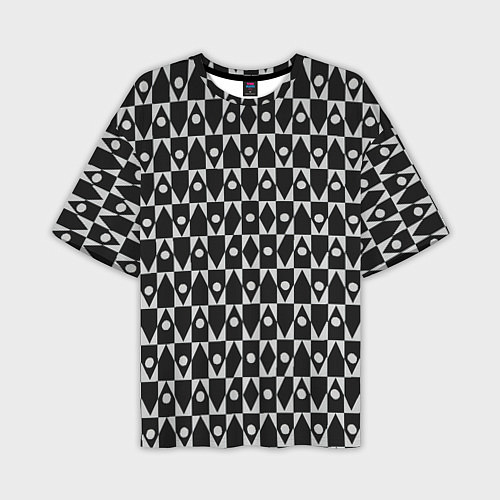Мужская футболка оверсайз Чёрно-белые ромбы и круги на чёрном фоне / 3D-принт – фото 1