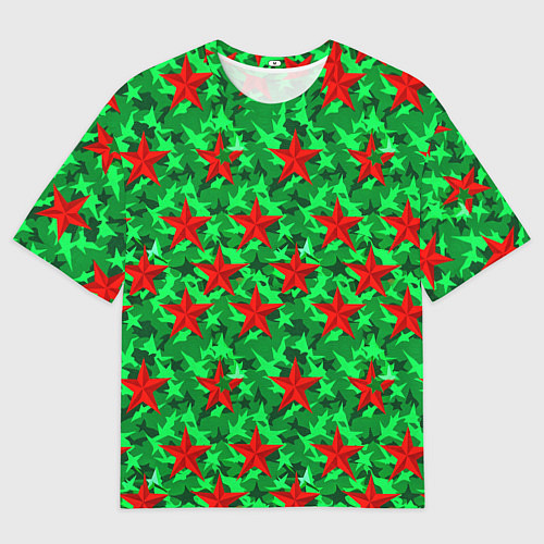 Мужская футболка оверсайз Красные звезды победы на зеленом камуфляже / 3D-принт – фото 1