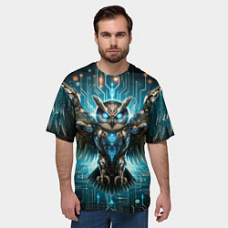 Футболка оверсайз мужская Величественная кибернетическая сова на фоне футури, цвет: 3D-принт — фото 2