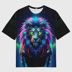 Мужская футболка оверсайз Неоновый лев в стиле киберпанк