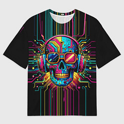 Мужская футболка оверсайз Кибер череп в очках - неоновое свечение