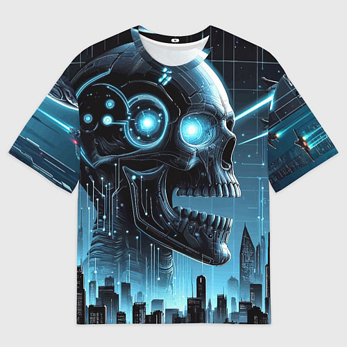 Мужская футболка оверсайз Cyberpunk skull - metropolis neon glow / 3D-принт – фото 1