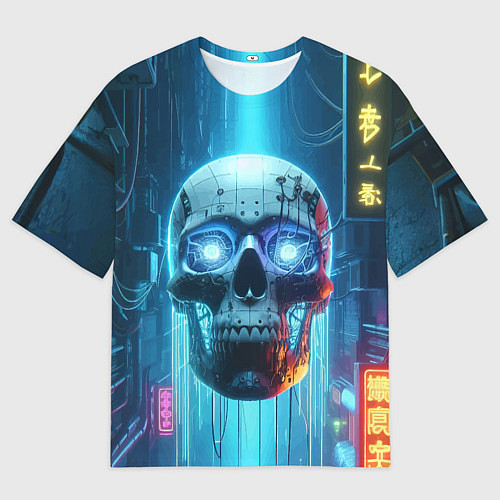 Мужская футболка оверсайз Cyber skull - neon glow ai art / 3D-принт – фото 1
