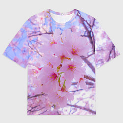 Футболка оверсайз мужская Цветущая сакура на голубом фоне, цвет: 3D-принт
