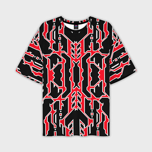 Мужская футболка оверсайз Техно красные линии с белой обводкой на чёрном фон / 3D-принт – фото 1