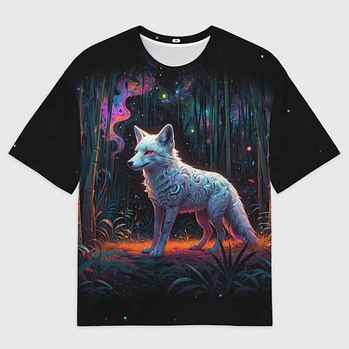 Мужская футболка оверсайз Белая лисица на фоне волшебного леса / 3D-принт – фото 1