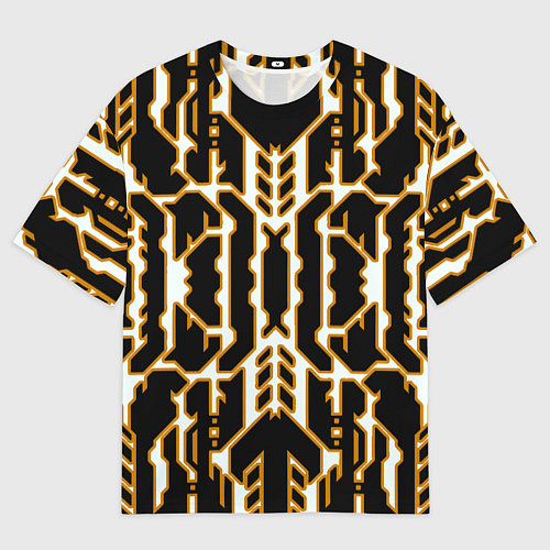 Мужская футболка оверсайз Техно белые линии с жёлтой обводкой на чёрном фоне / 3D-принт – фото 1