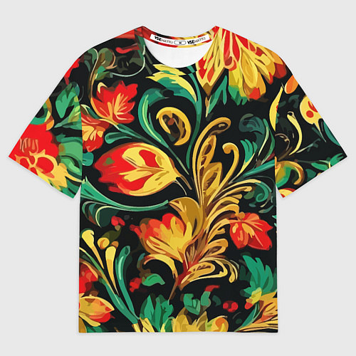 Мужская футболка оверсайз Хохлома акварель / 3D-принт – фото 1