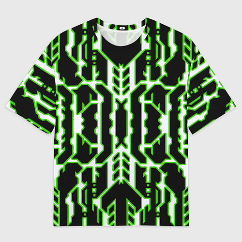 Мужская футболка оверсайз Техно белые линии с зелёной обводкой на чёрном фон / 3D-принт – фото 1