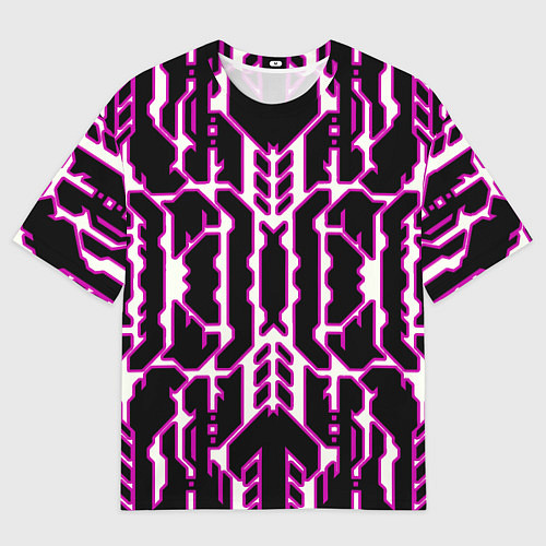 Мужская футболка оверсайз Техно белые линии с розовой обводкой на чёрном фон / 3D-принт – фото 1