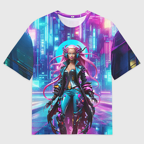 Мужская футболка оверсайз Кибер ведьма в неоновом городе - нейросеть / 3D-принт – фото 1