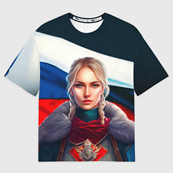 Футболка оверсайз мужская Блондинка с косами - флаг России, цвет: 3D-принт