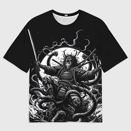 Мужская футболка оверсайз Кричащий самурай и огромный монстр / 3D-принт – фото 1
