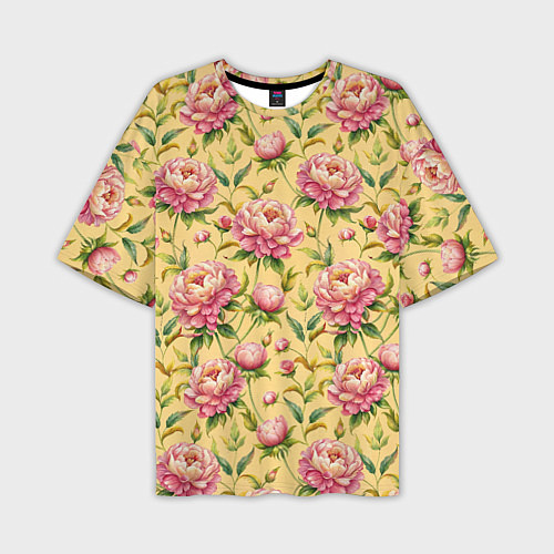 Мужская футболка оверсайз Крупные пионы садовые цветы бутоны паттерн / 3D-принт – фото 1