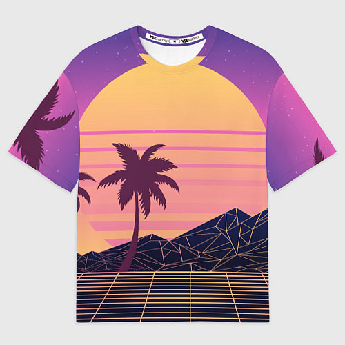 Мужская футболка оверсайз Vaporwave геометрические горы и силуэты пальм / 3D-принт – фото 1