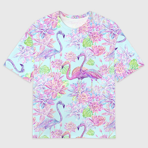Мужская футболка оверсайз Фламинго и кувшинки батик / 3D-принт – фото 1