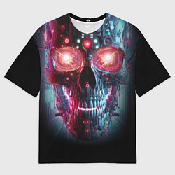 Футболка оверсайз мужская Неоновый кибер череп - нейросеть, цвет: 3D-принт