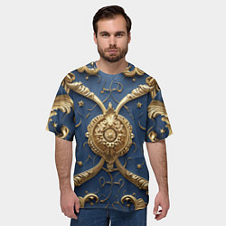 Футболка оверсайз мужская Золотые узоры на синей ткани, цвет: 3D-принт — фото 2