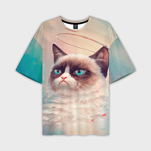 Мужская футболка оверсайз Мемный кот Grumpy Cat с нимбом / 3D-принт – фото 1