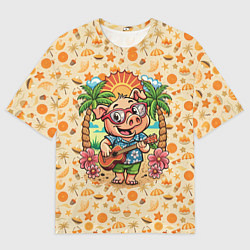 Мужская футболка оверсайз Свинка с гитарой жаркое лето