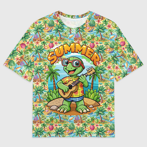 Мужская футболка оверсайз Черепаха с гитарой на острове / 3D-принт – фото 1
