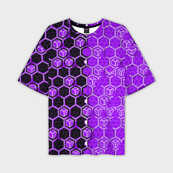 Футболка оверсайз мужская Техно-киберпанк шестиугольники фиолетовый и чёрный, цвет: 3D-принт