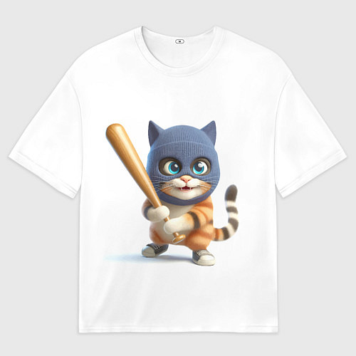 Мужская футболка оверсайз Прикольный котёнок с бейсбольной битой и в балакла / 3D-принт – фото 1