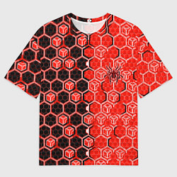 Мужская футболка оверсайз Техно-киберпанк шестиугольники красный и чёрный с