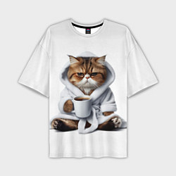 Футболка оверсайз мужская Котик в халате и кофе, цвет: 3D-принт