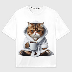Футболка оверсайз мужская Котик в халате и кофе, цвет: 3D-принт