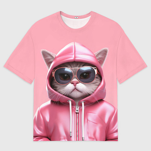Мужская футболка оверсайз Кошка в капюшоне / 3D-принт – фото 1