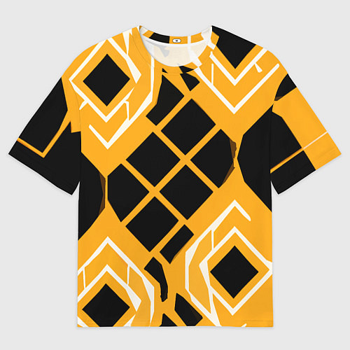 Мужская футболка оверсайз Чёрные квадраты и белые полосы на оранжевом фоне / 3D-принт – фото 1