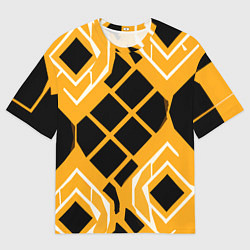 Мужская футболка оверсайз Чёрные квадраты и белые полосы на оранжевом фоне