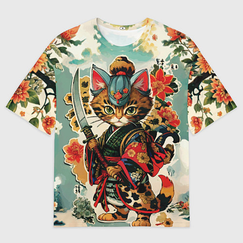 Мужская футболка оверсайз Якудза самурай кот с мечом / 3D-принт – фото 1