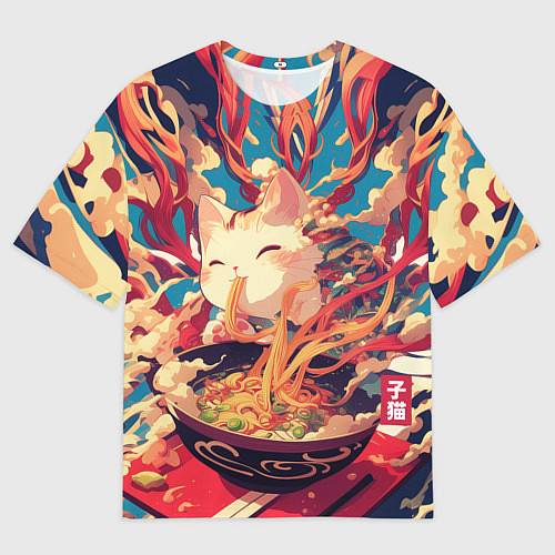 Мужская футболка оверсайз Cat and ramen / 3D-принт – фото 1