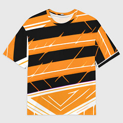 Мужская футболка оверсайз Чёрно-белые полосы на оранжевом фоне