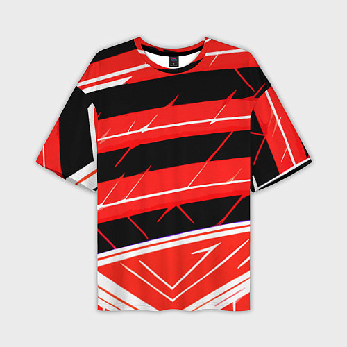 Мужская футболка оверсайз Чёрно-белые полосы на красном фоне / 3D-принт – фото 1