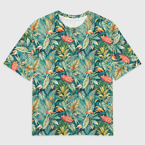 Мужская футболка оверсайз Тропический фламинго в цветах / 3D-принт – фото 1